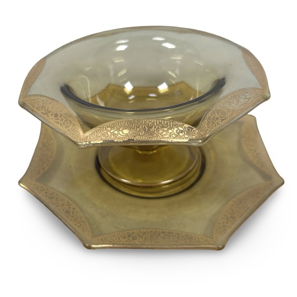 Vintage Paden City Amber Glass Mayo Dish w/ Underplate Saucer Set Gold Lotus